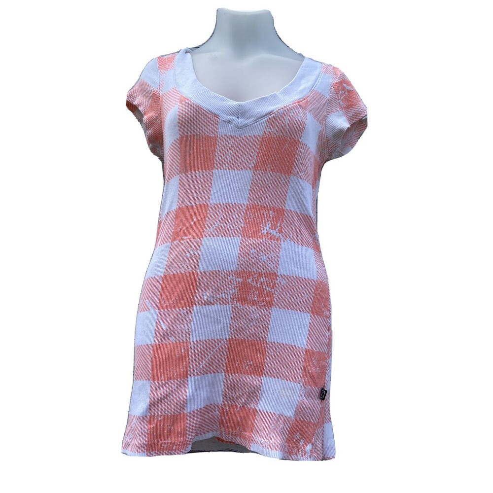 Outlaw USA Orange White Checkered Vneck Shirt Short Sleeve Jrs Size Medium